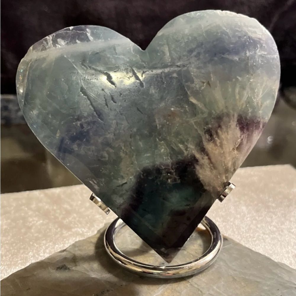 Rare Feather Fluorite Crystal Heart With Stand 365g